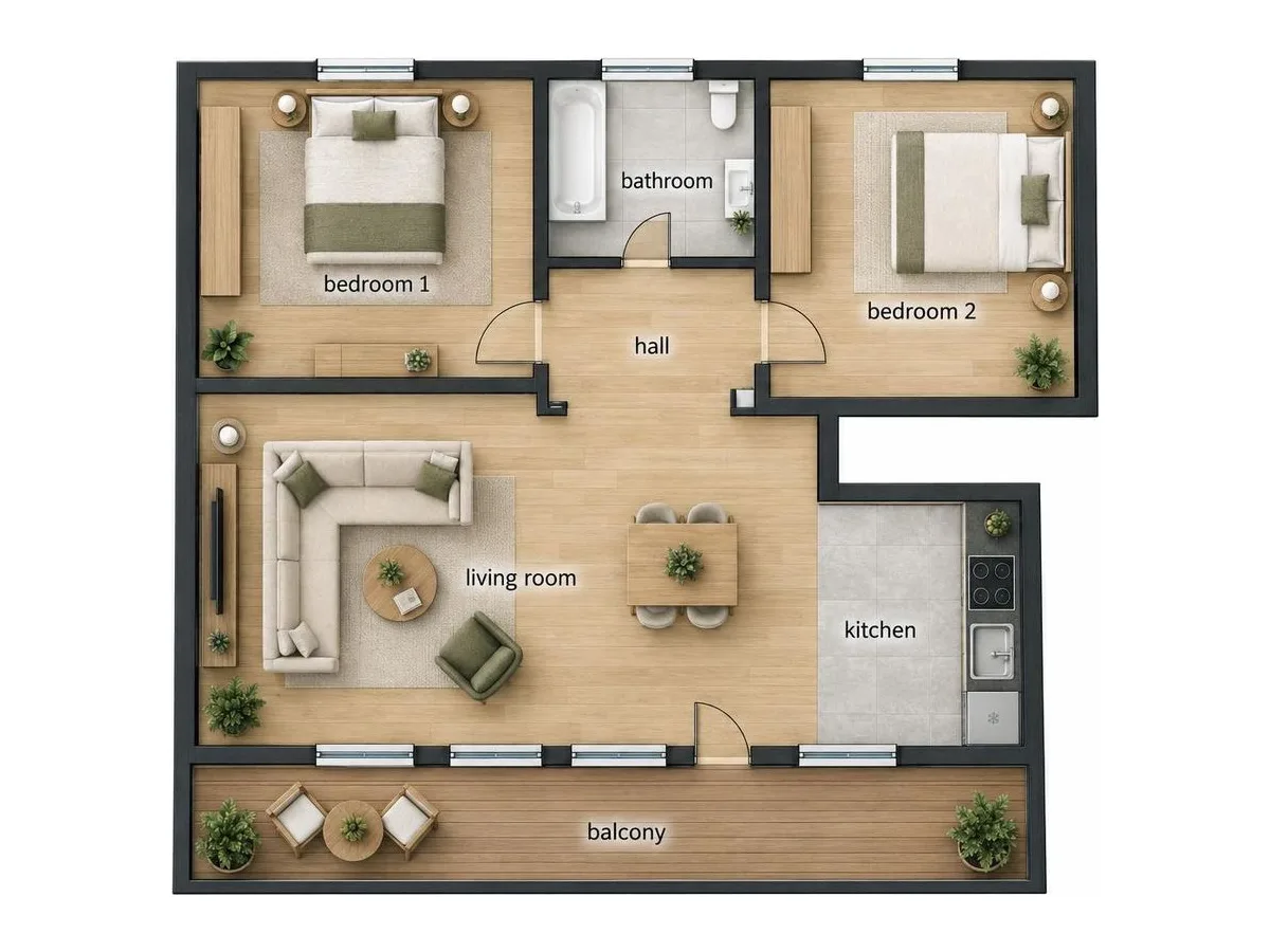 Un plan croqué au stylo bille bleu sur une serviette de café, et le même appartement en plan meublé avec parquet en chêne, cuisine et salle de bain carrelées, lits, canapé et balcon avec chaises — after