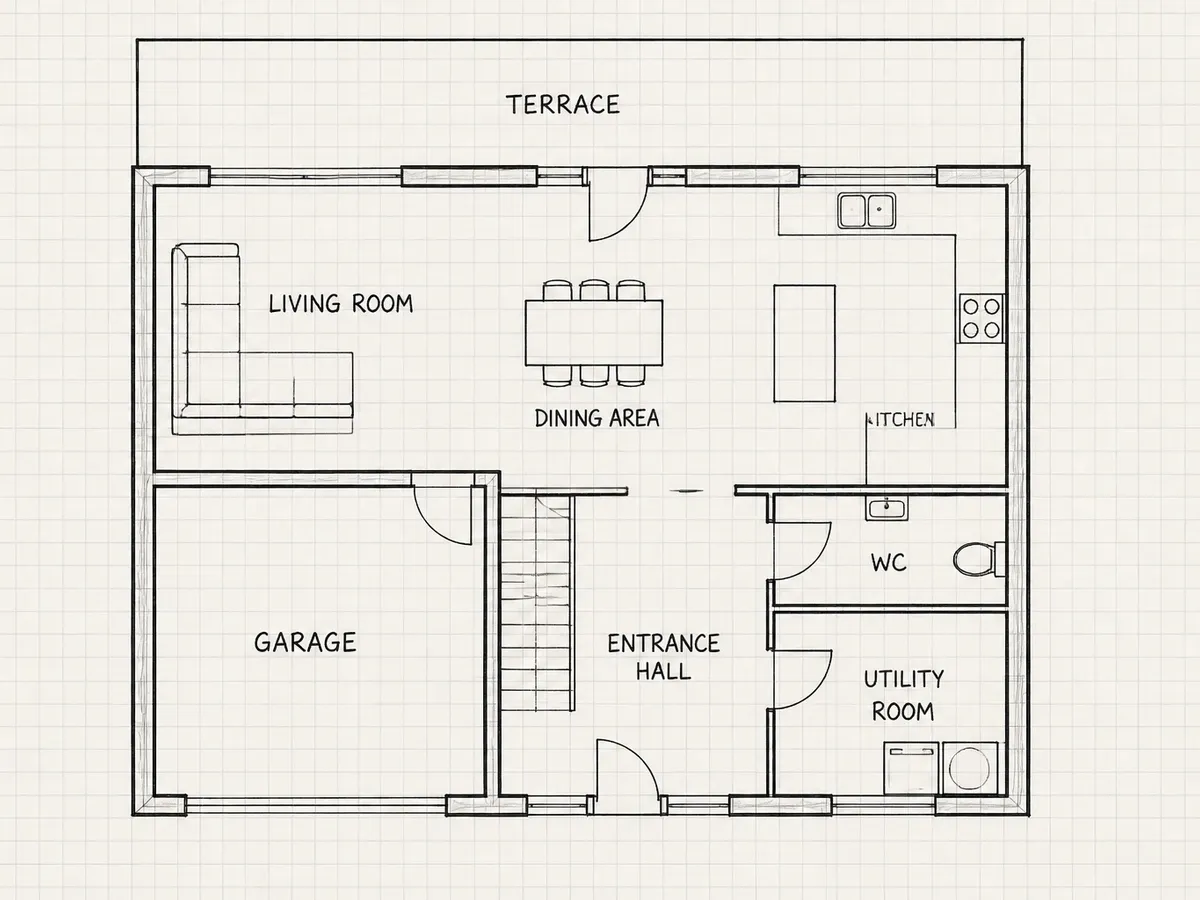 Un plan de maison au feutre fin sur papier quadrillé, avec sa terrasse et son garage, en vue 3D — before