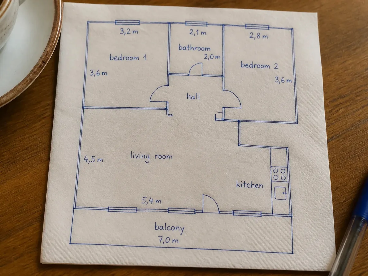 Un plan croqué au stylo bille bleu sur une serviette de café, et le même appartement en plan meublé avec parquet en chêne, cuisine et salle de bain carrelées, lits, canapé et balcon avec chaises — before