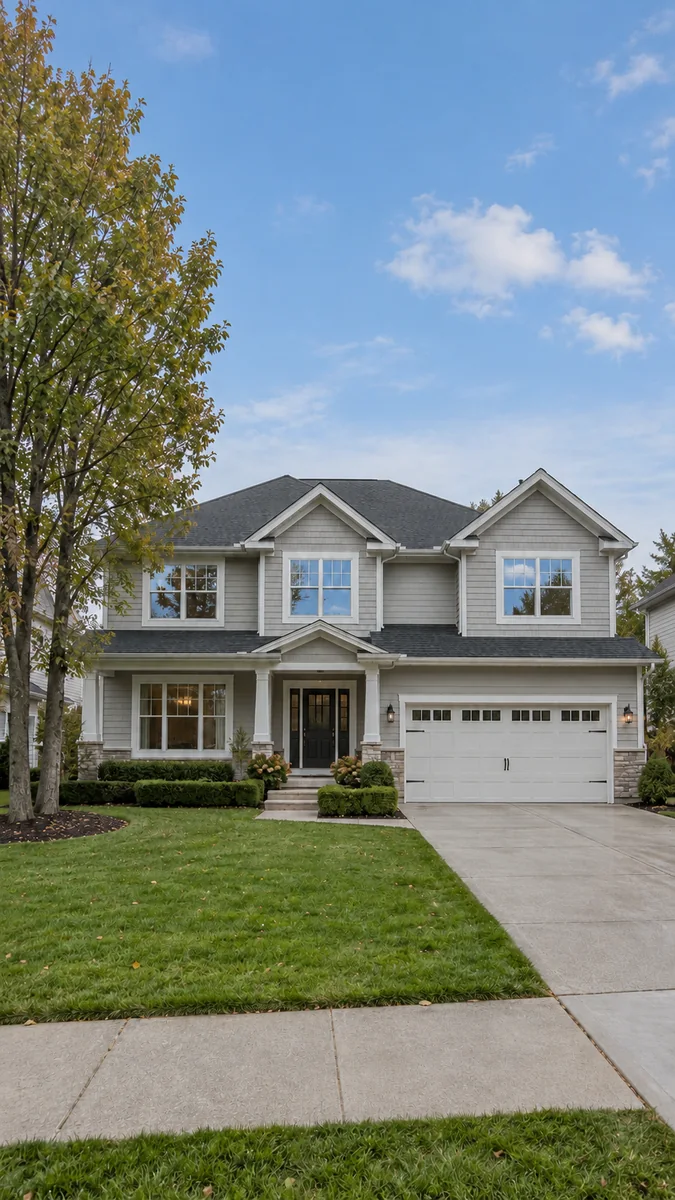 Suburban house under a flat grey sky sliding to the same photo with a clearing blue sky — after
