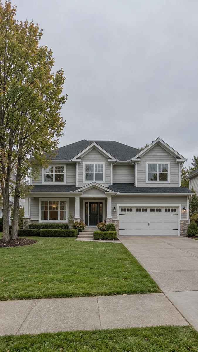 Suburban house under a flat grey sky sliding to the same photo with a clearing blue sky — before
