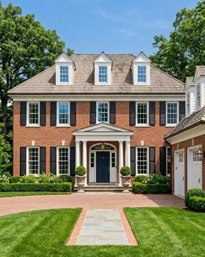 Brick colonial · dormer windows and glass now reflect blue — after