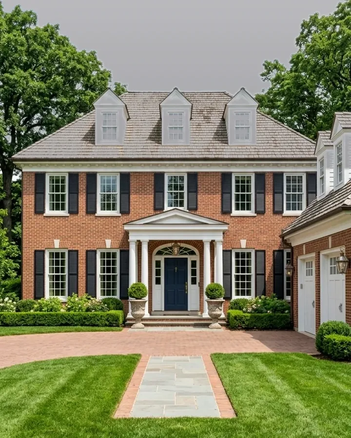 Brick colonial · dormer windows and glass now reflect blue — before