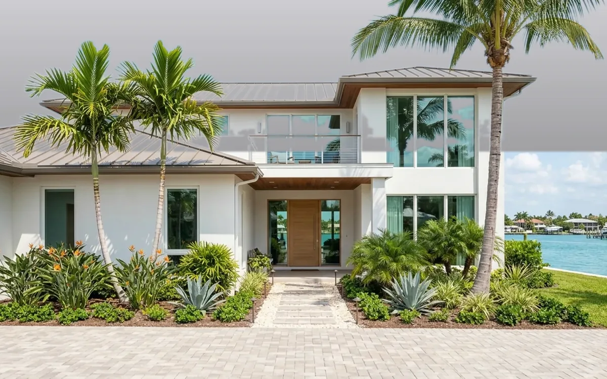 Waterfront modern · glass balcony and canal, sky replaced, water untouched — before