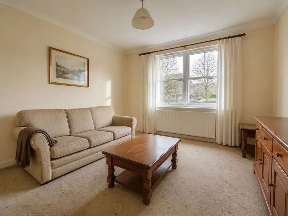 Warmweiß · das Magnolienweiß ist weg; Sofa, Vorhänge und Teppichboden genau wie zuvor — after