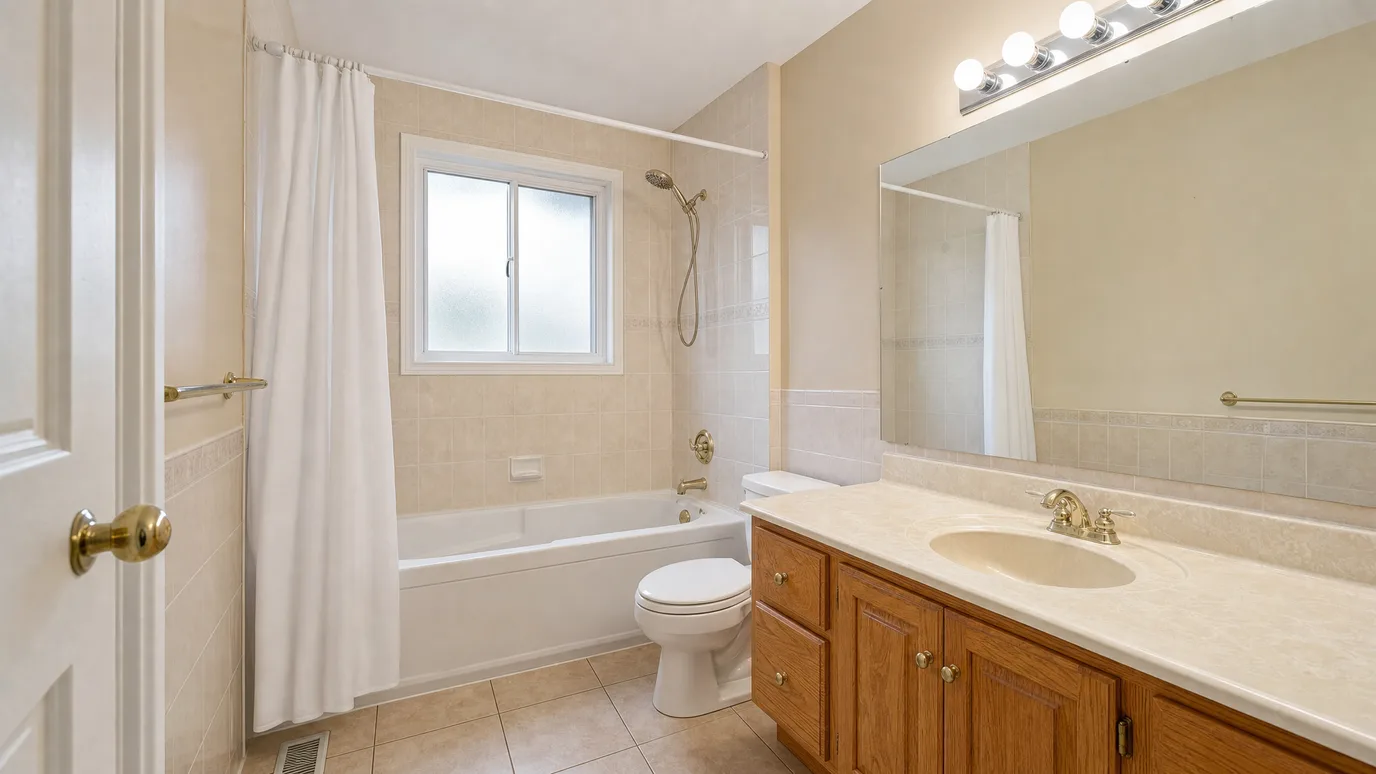 Baño renovado en estilo spa moderno — porcelánico gris cálido de gran formato, mueble de roble suspendido, mampara de cristal sin perfil en la bañera y espejo redondo retroiluminado — before