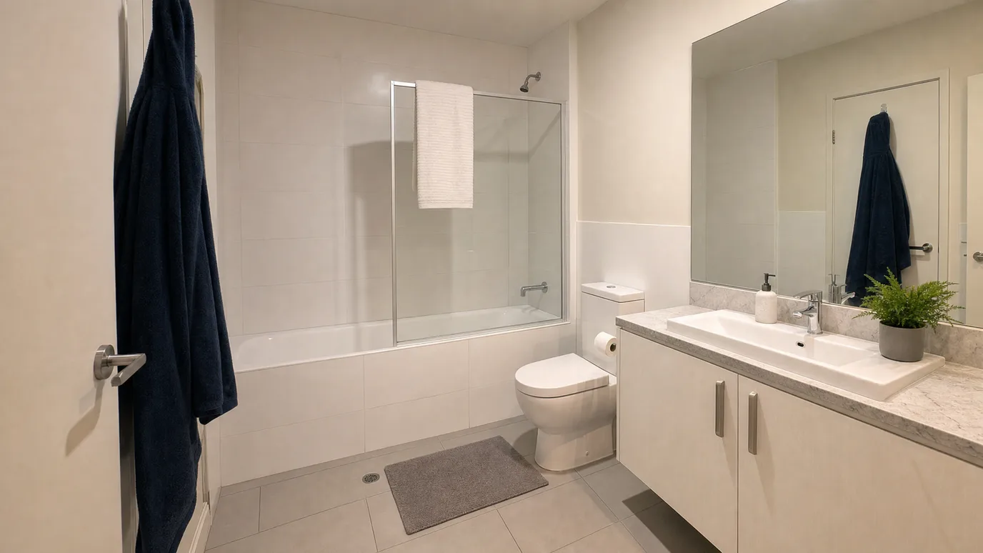 El mismo baño después de despejar — borde de la bañera y lavabo libres, una toalla doblada y los acabados sin cambiar — after