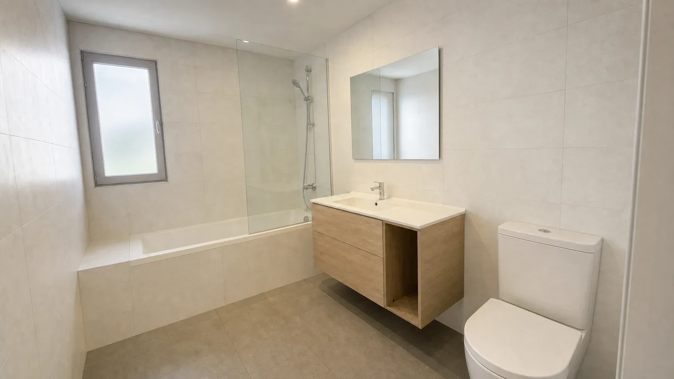 El mismo baño después de la mejora de foto — azulejo blanco neutro, luz clara y uniforme y la ventana recuperada — after