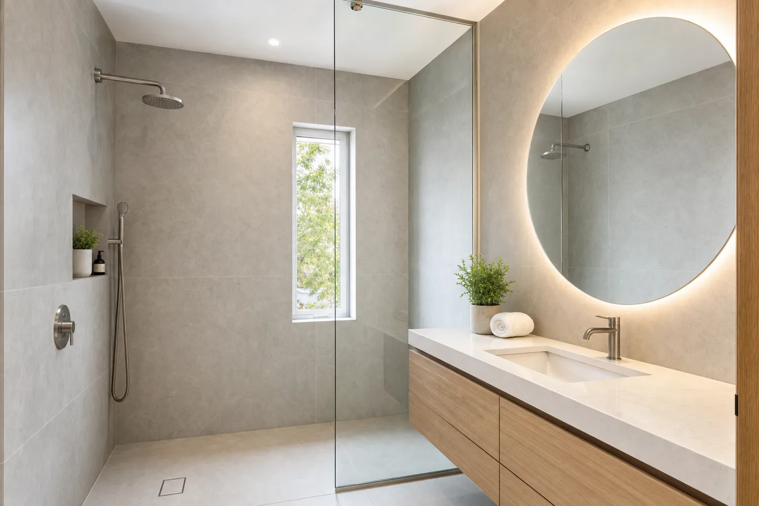 Baño con ducha de piso renovado en estilo spa moderno con azulejos grandes gris cálido y mueble de roble suspendido