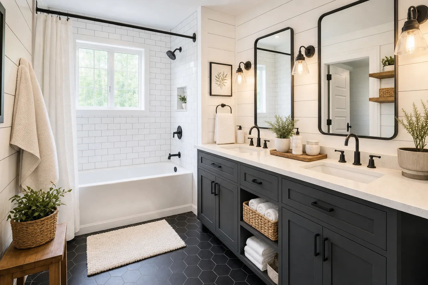 Baño familiar renovado en Farmhouse moderno con azulejo metro, frisos de madera y doble lavabo gris carbón