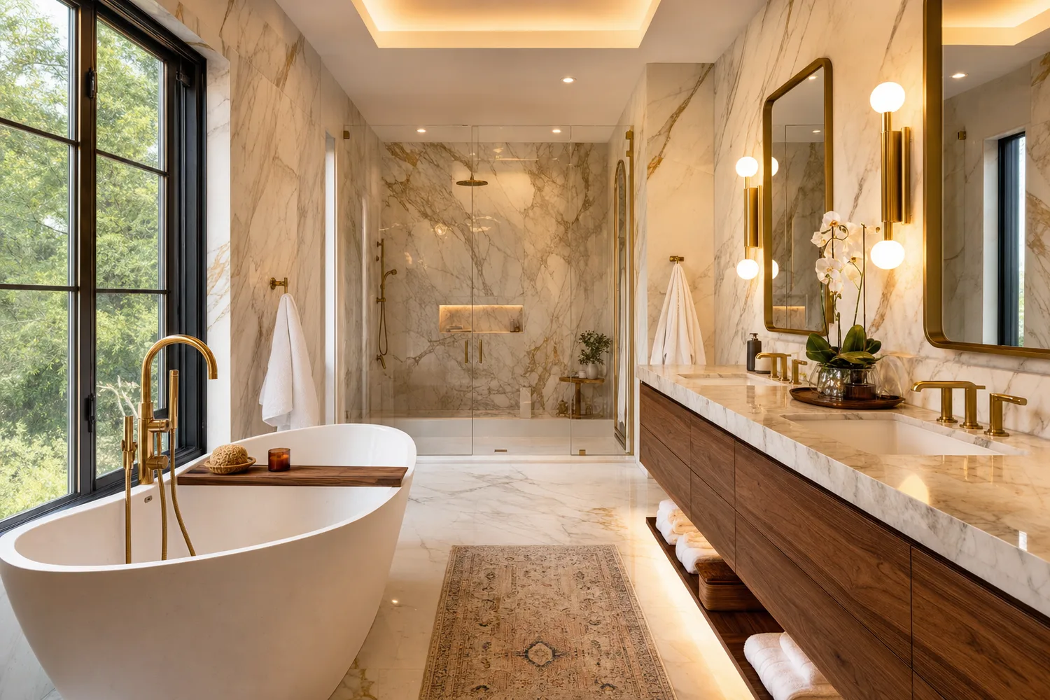Baño principal de lujo renovado con mármol Calacatta oro, bañera exenta y doble lavabo de nogal