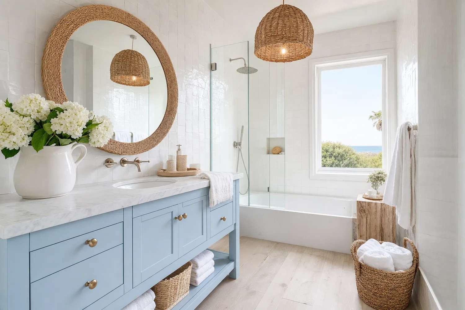 Baño de casa de playa renovado en estilo costero con azulejo zellige blanco y mueble azul mar claro