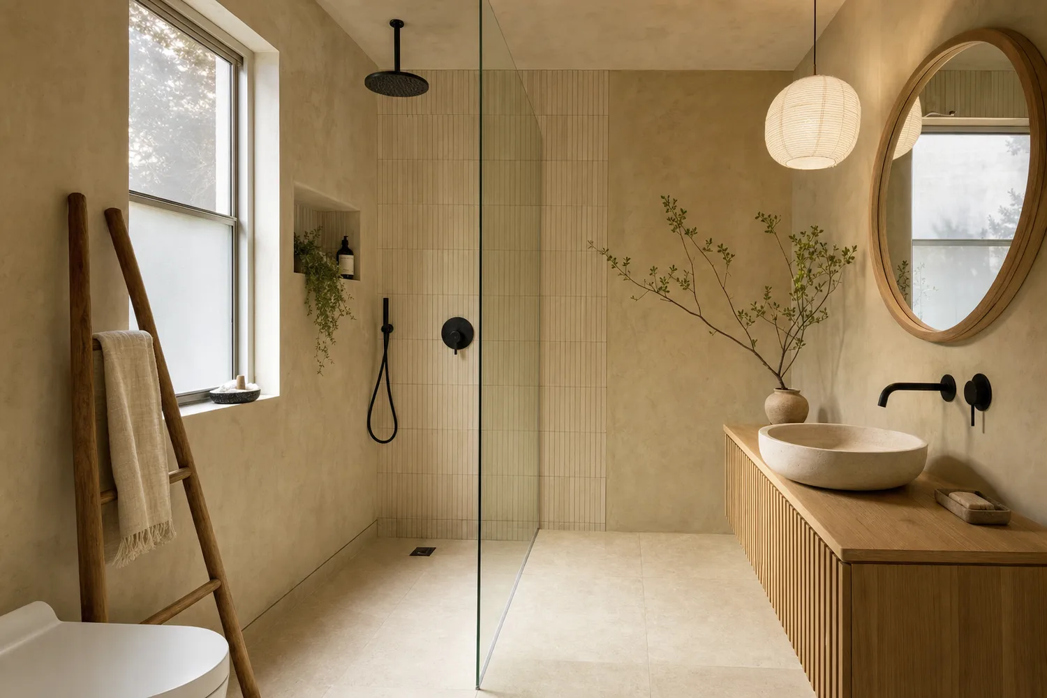 Baño de piso urbano renovado en estilo Japandi con paredes de cal y mueble de listones de roble claro