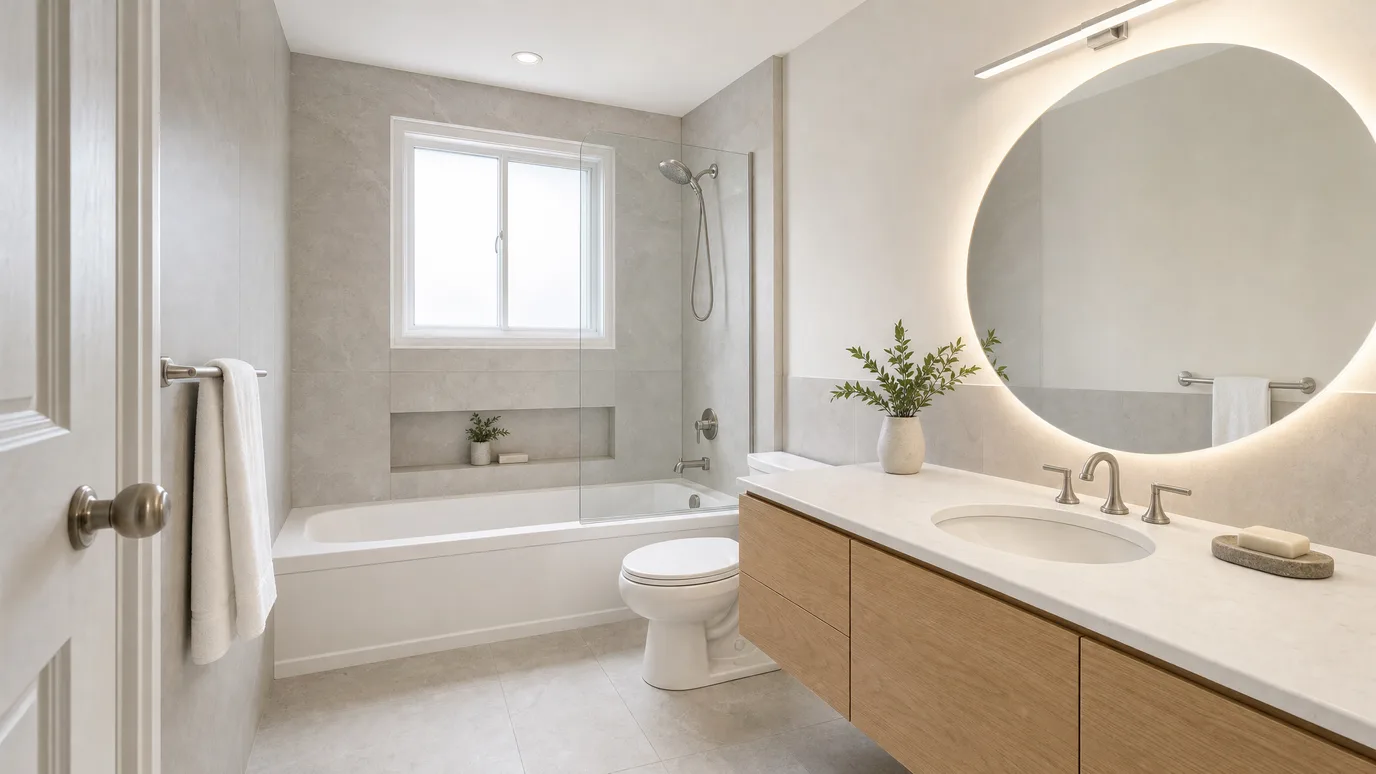 Baño renovado en estilo spa moderno — porcelánico gris cálido de gran formato, mueble de roble suspendido, mampara de cristal sin perfil en la bañera y espejo redondo retroiluminado