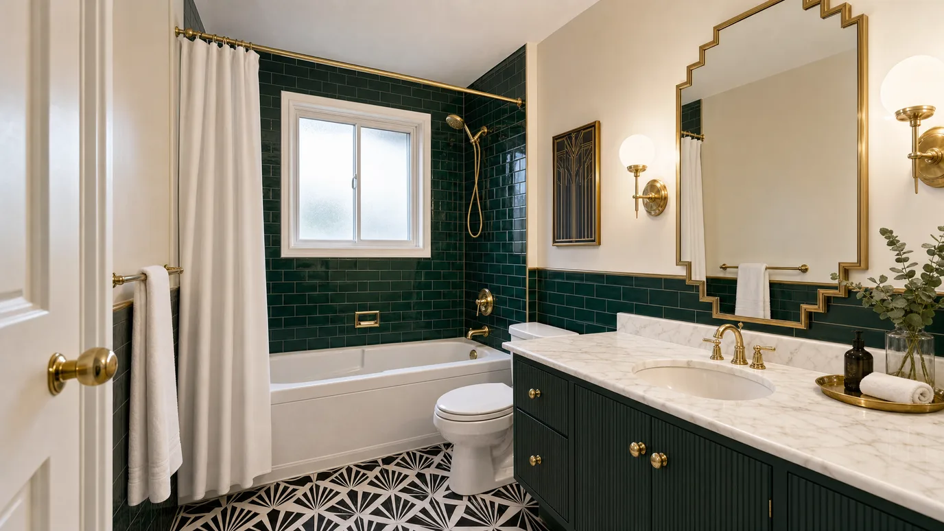 Baño renovado en Art Déco — azulejo verde esmeralda, suelo geométrico, mueble acanalado y latón pulido