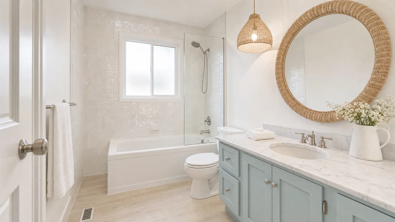 Baño renovado en estilo costero — azulejo zellige blanco, mueble azul mar claro, espejo y lámpara de ratán
