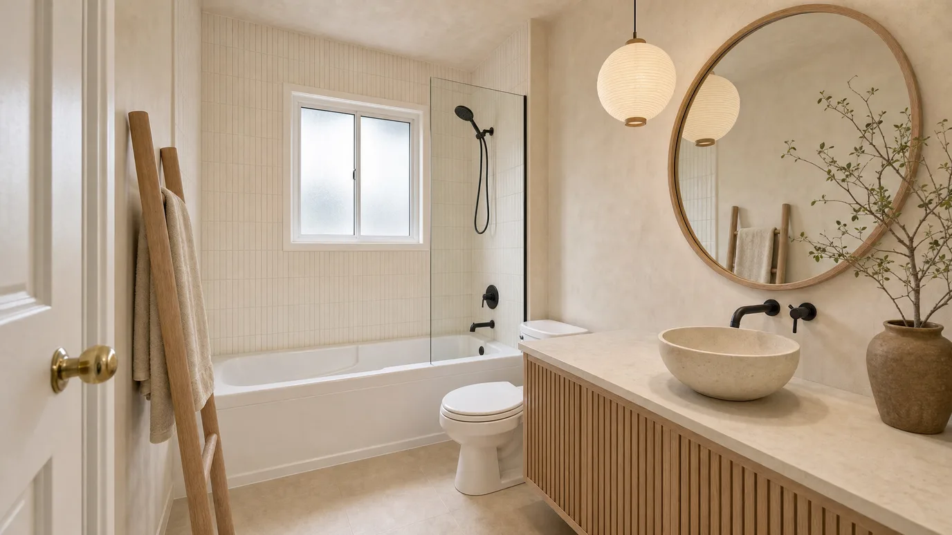 Baño renovado en estilo Japandi — paredes de cal, mueble de listones de roble claro, azulejo artesanal crema y grifería negra mate