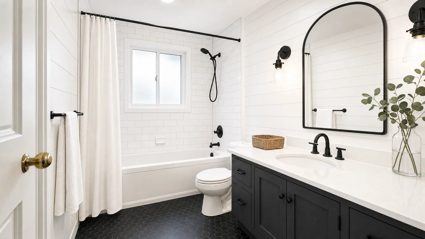 Baño renovado en Farmhouse moderno — azulejo metro blanco, frisos de madera, mueble gris carbón y grifería negra mate