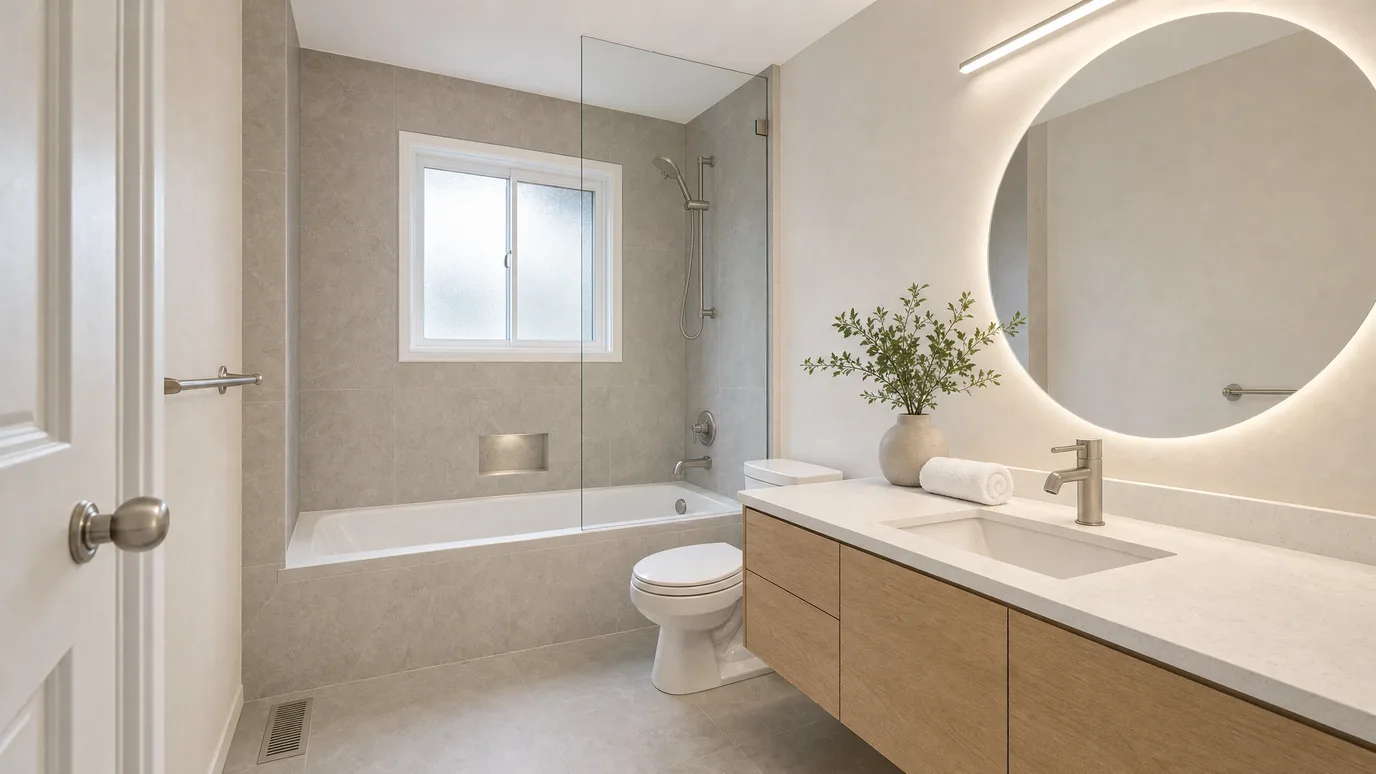 Baño renovado en estilo spa moderno — azulejos grandes en gris cálido, mueble de roble suspendido y mampara de cristal sin perfil