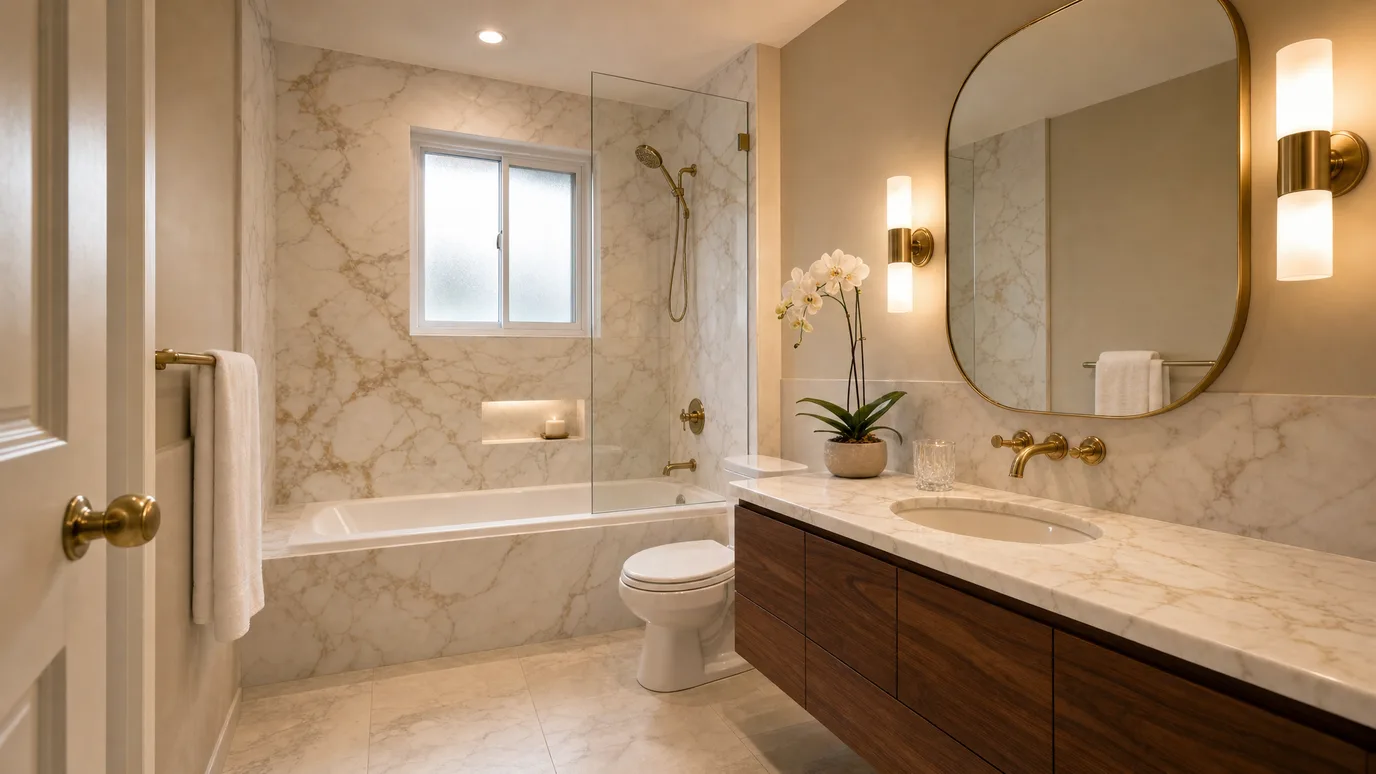 Baño renovado en Lujo cálido — mármol Calacatta oro, mueble de nogal y grifería de latón cepillado