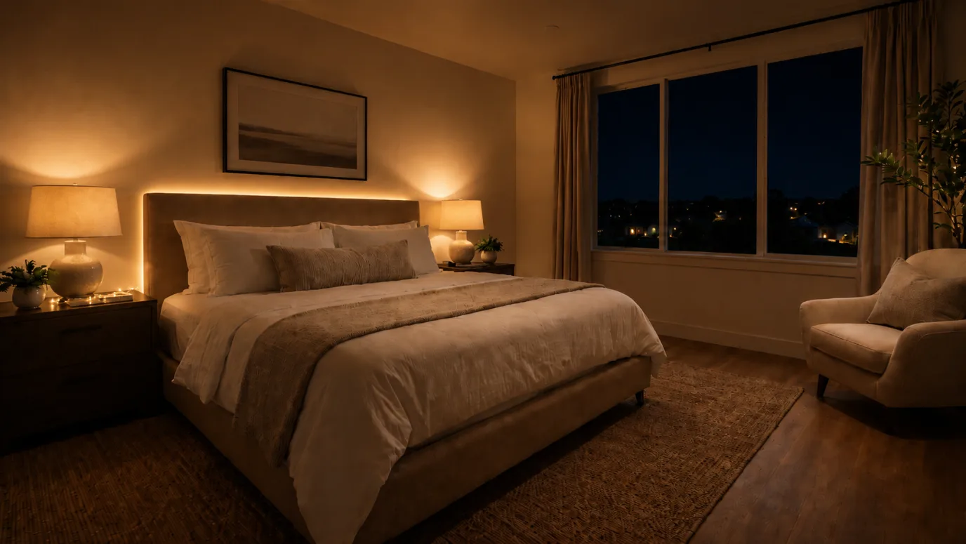 The same bedroom relit for warm dusk — bedside lamps glowing, twilight sky in the window, cozy evening mood — after