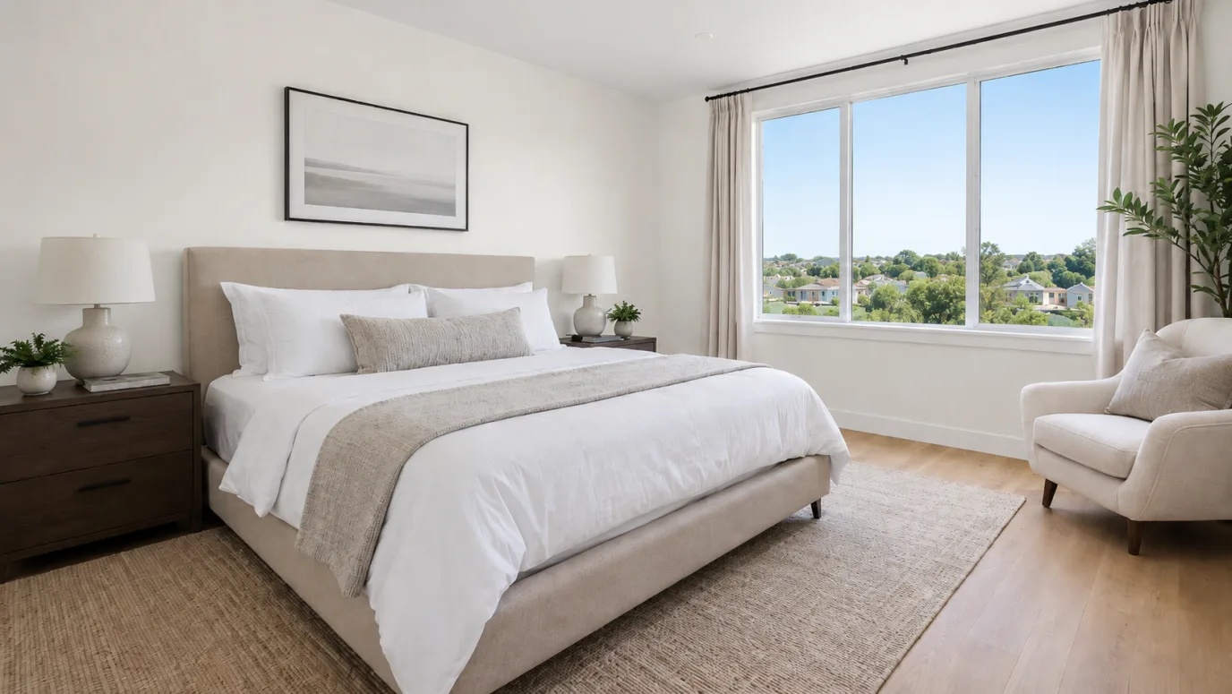 The same bedroom relit for warm dusk — bedside lamps glowing, twilight sky in the window, cozy evening mood — before