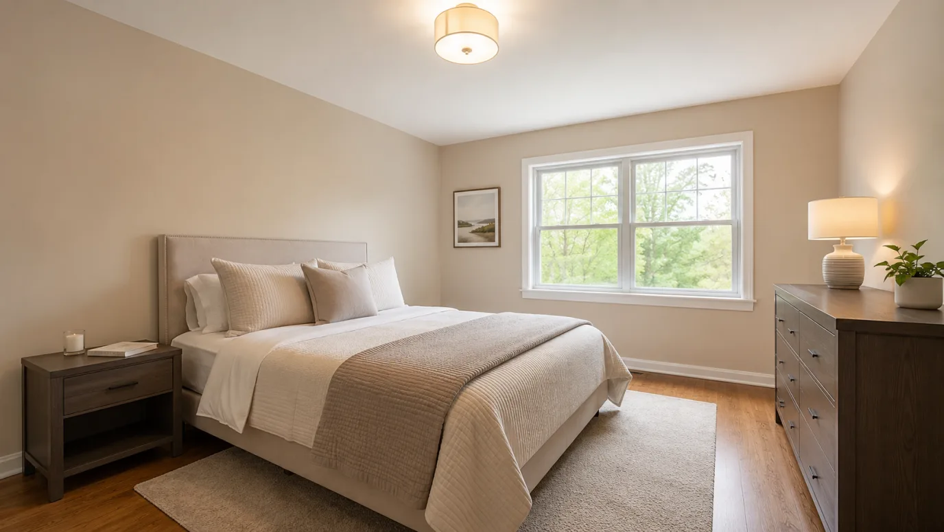 The same bedroom after decluttering — neatly made bed, clear surfaces, personal items removed, architecture unchanged — after
