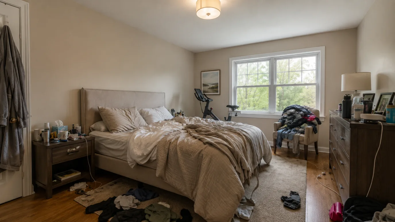 The same bedroom after decluttering — neatly made bed, clear surfaces, personal items removed, architecture unchanged — before