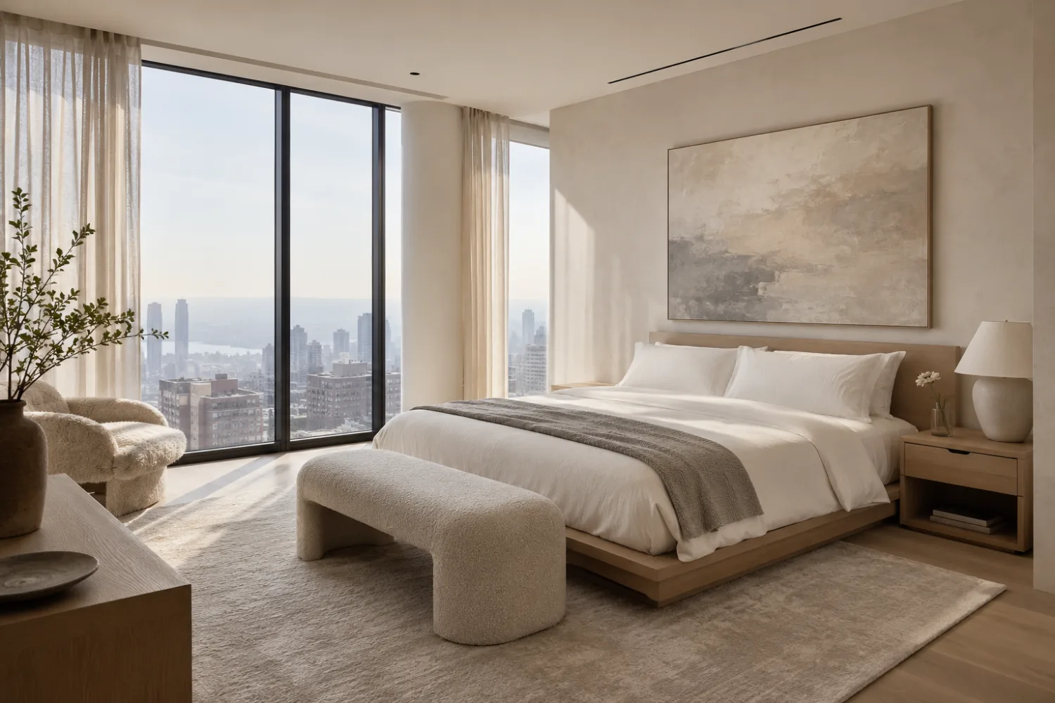 Staged condo bedroom in Modern Minimal style with a low grey platform bed and city window