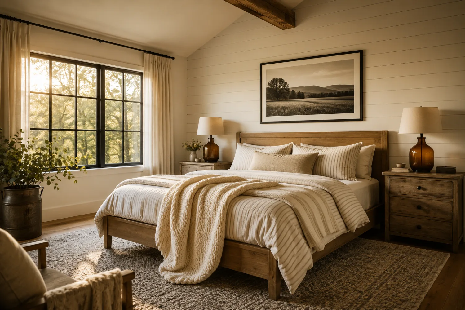 Staged suburban family-home bedroom in Modern Farmhouse style with a shiplap accent wall