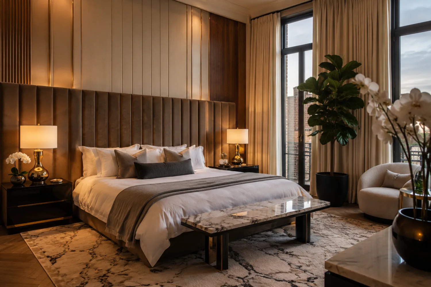 Staged primary suite in Modern Luxury style with a tall tufted velvet headboard and brass lamps
