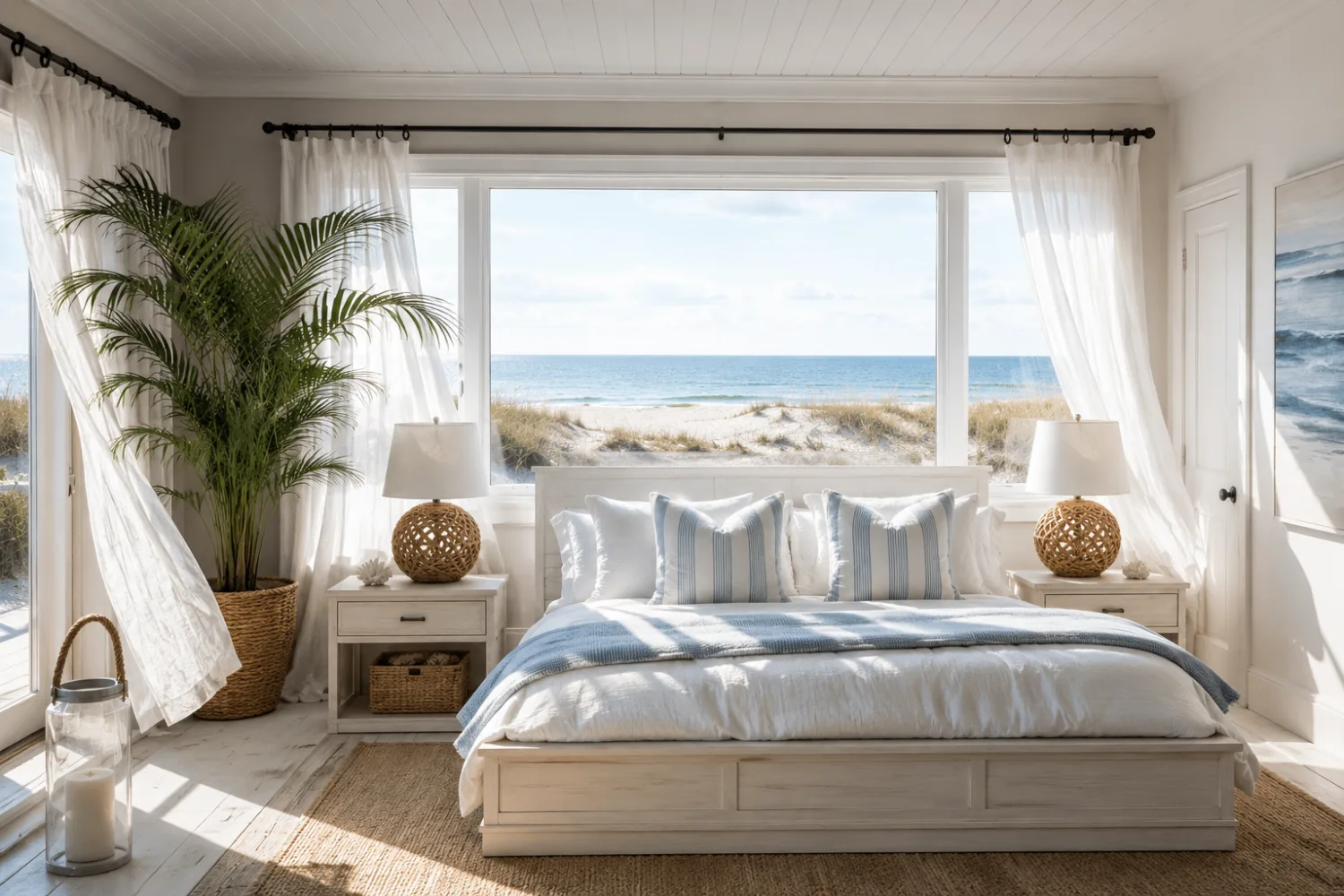 Staged coastal bedroom with a whitewashed bed, soft-blue striped linens, and a sisal rug