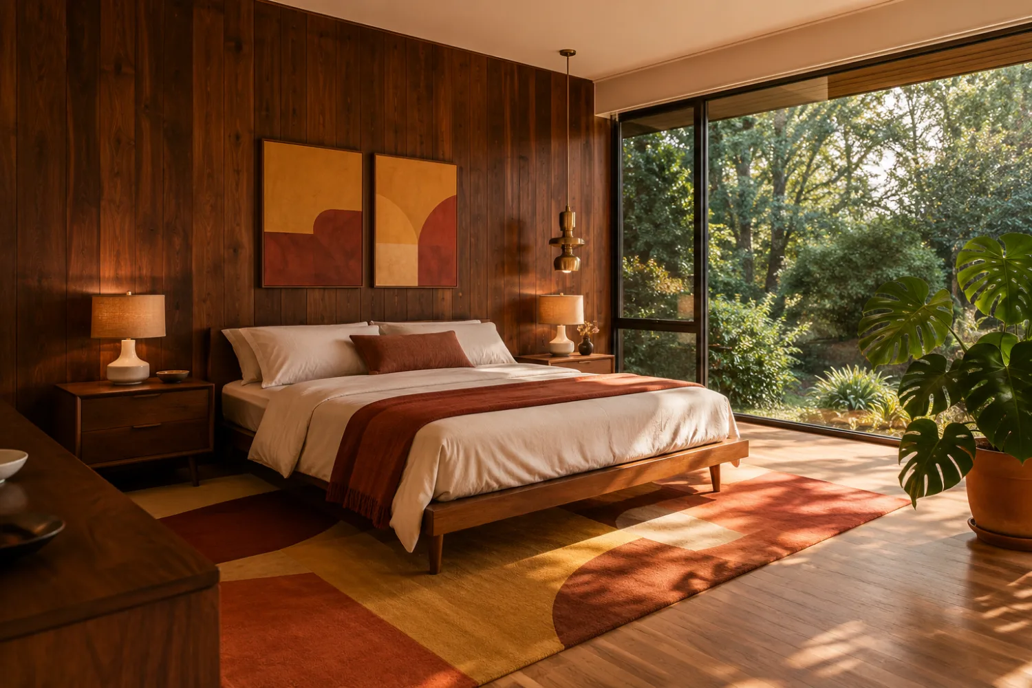 Staged mid-century bedroom with a low walnut bed, rust geometric rug, and mustard accents