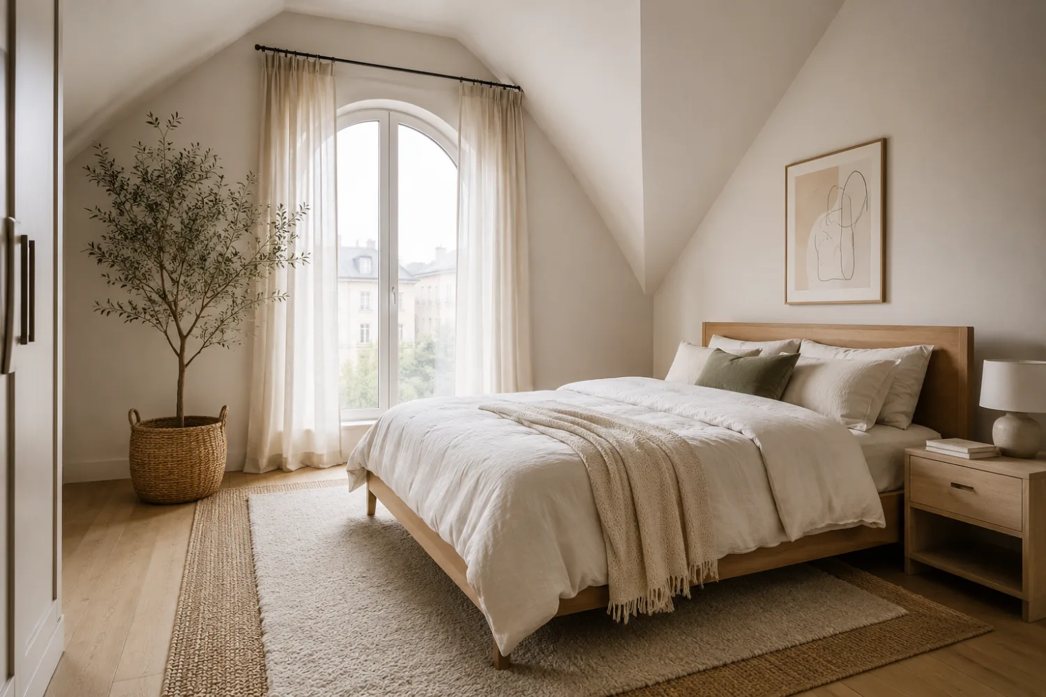 Staged compact guest bedroom in Scandinavian style — light-oak bed, jute rug, calm and bright