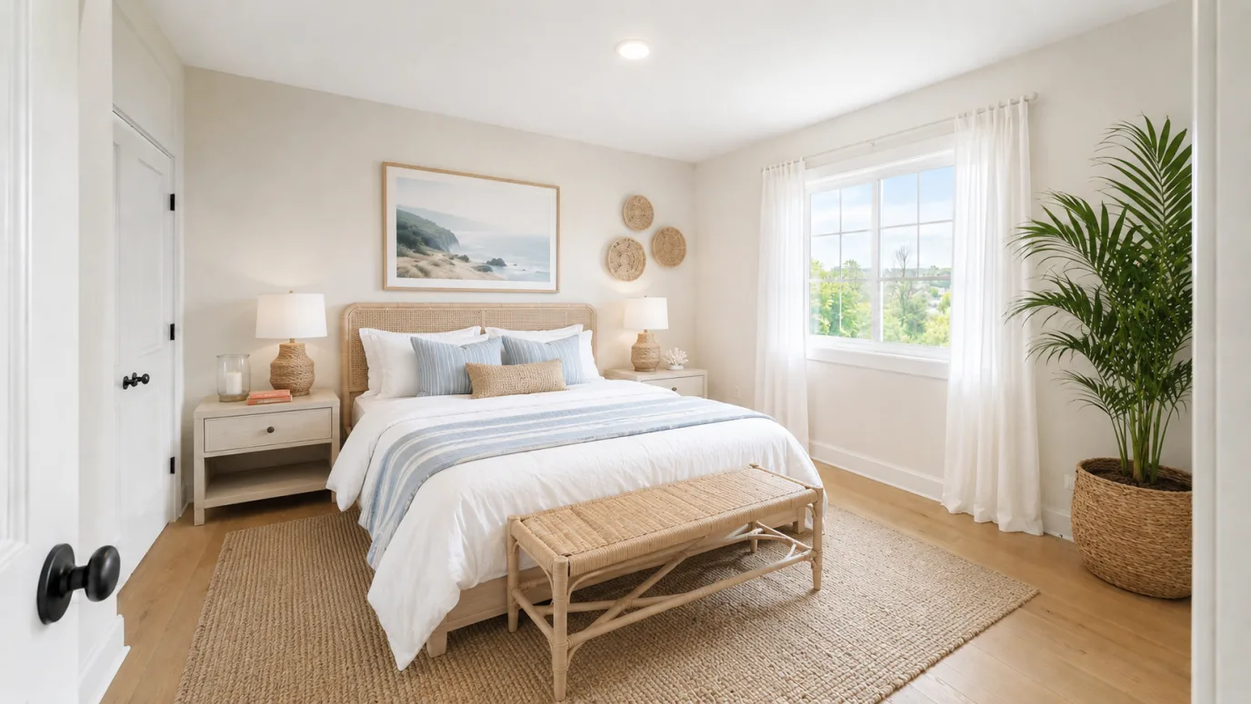 Bedroom staged in Coastal style — whitewashed bed, soft-blue striped linens, sisal rug, breezy white curtains