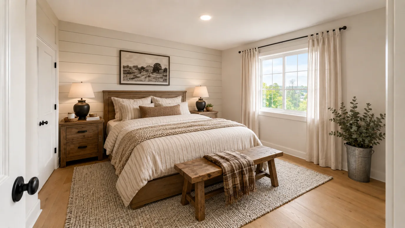 Bedroom staged in Modern Farmhouse style — wood bed with ticking-stripe bedding, shiplap accent wall, cozy wool rug
