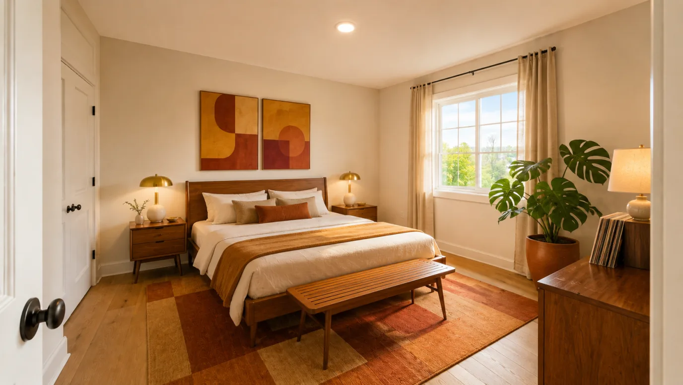 Bedroom staged in Mid-Century Modern style — low walnut bed with tapered legs, rust geometric rug, mustard accents