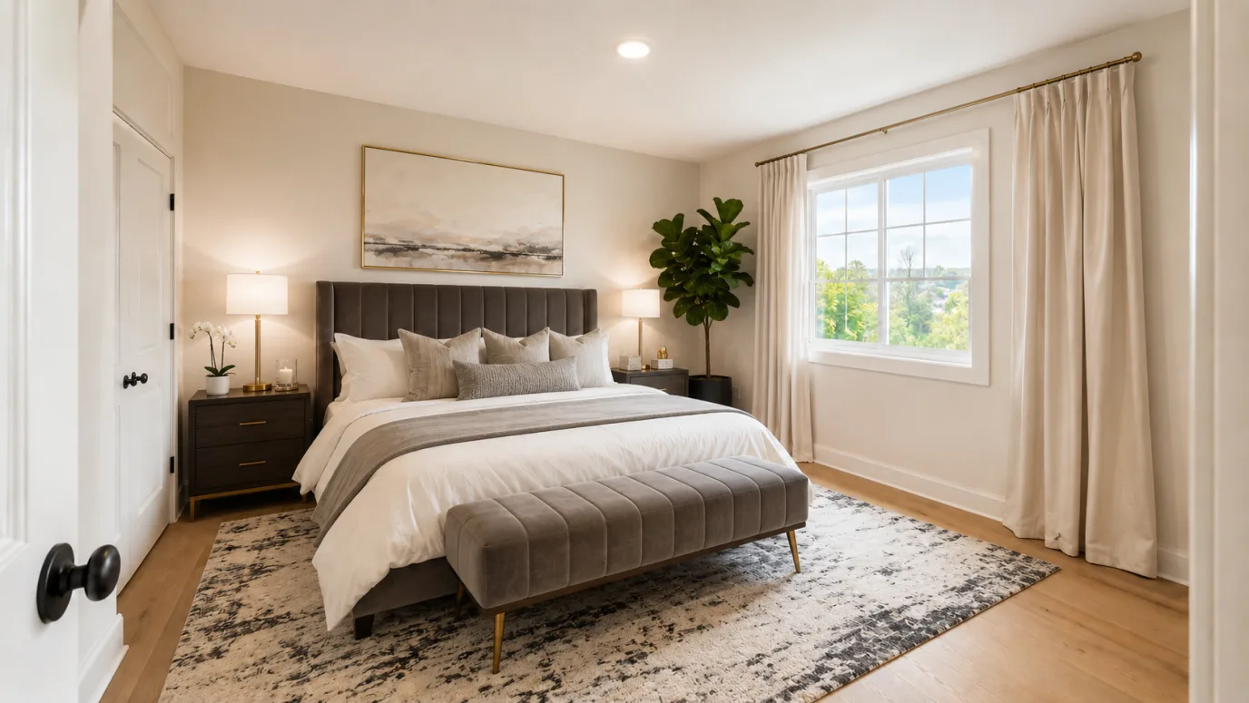 Bedroom staged in Modern Luxury style — king bed with a tall tufted velvet headboard, brass lamps, plush rug and layered bedding