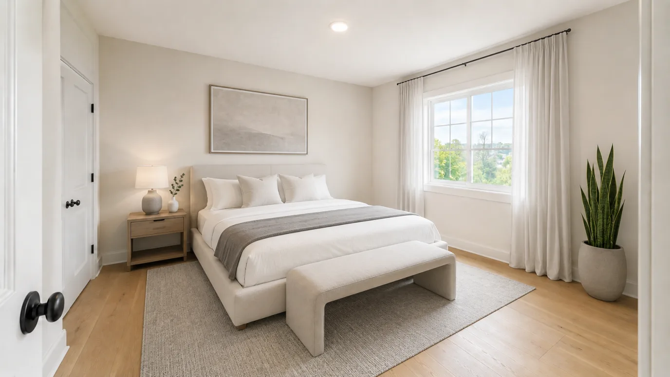 Bedroom staged in Modern Minimal style — low oatmeal platform bed, crisp white bedding, single abstract artwork above the headboard