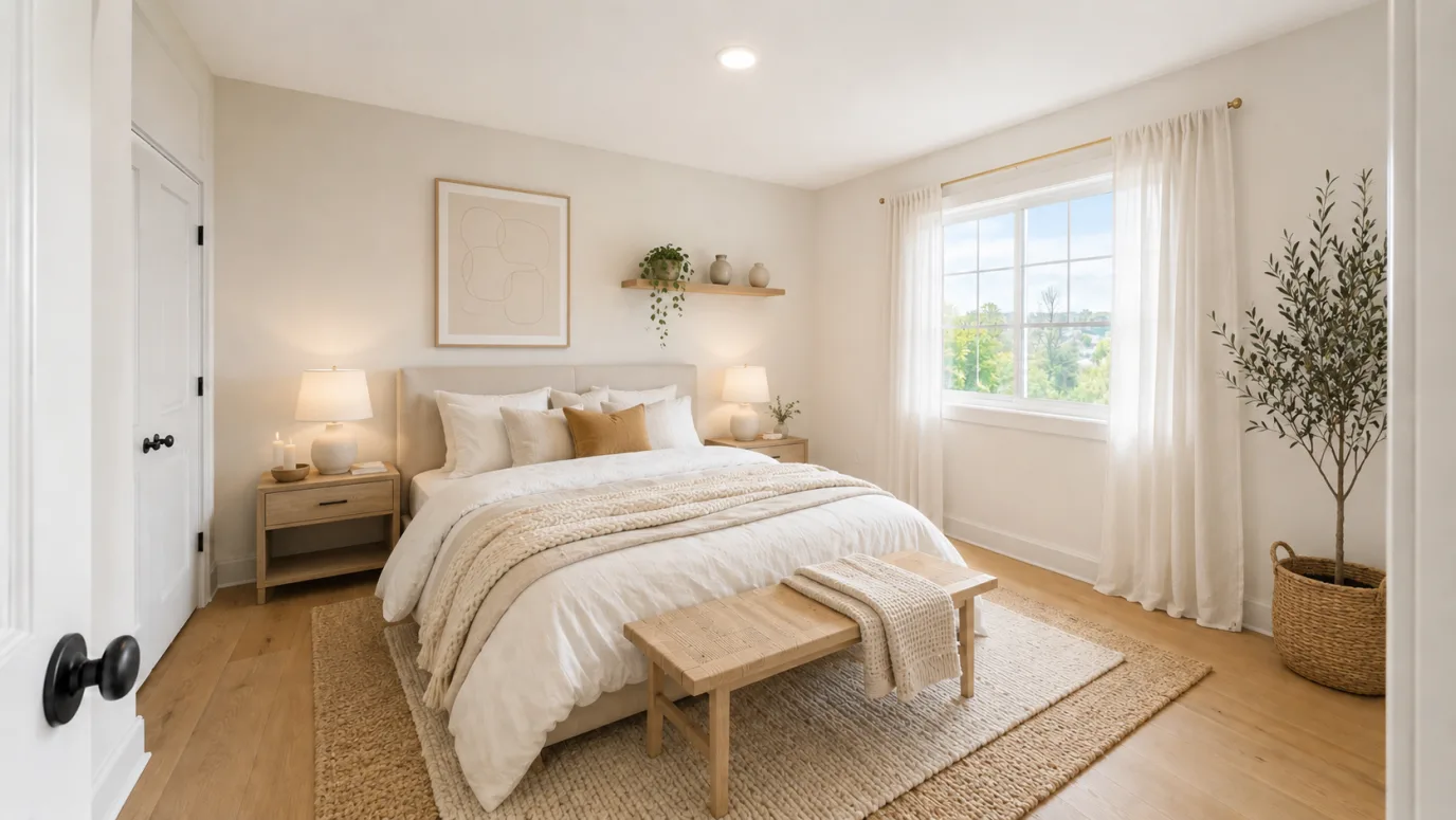 Bedroom staged in Scandinavian style — light-oak bed with mustard accent pillows, layered jute and wool rugs, soft morning light