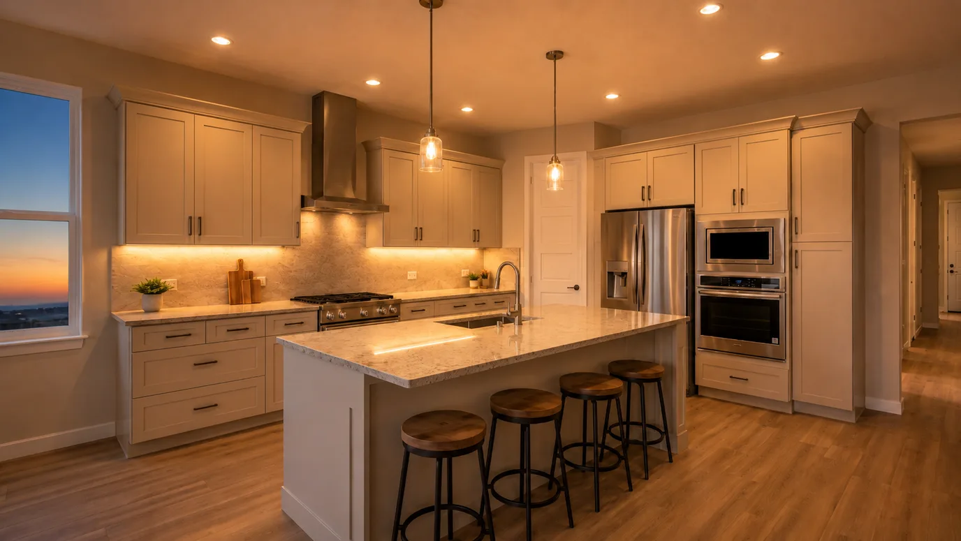 The same kitchen relit for warm dusk — glowing pendants, under-cabinet lighting, twilight sky in the window — after