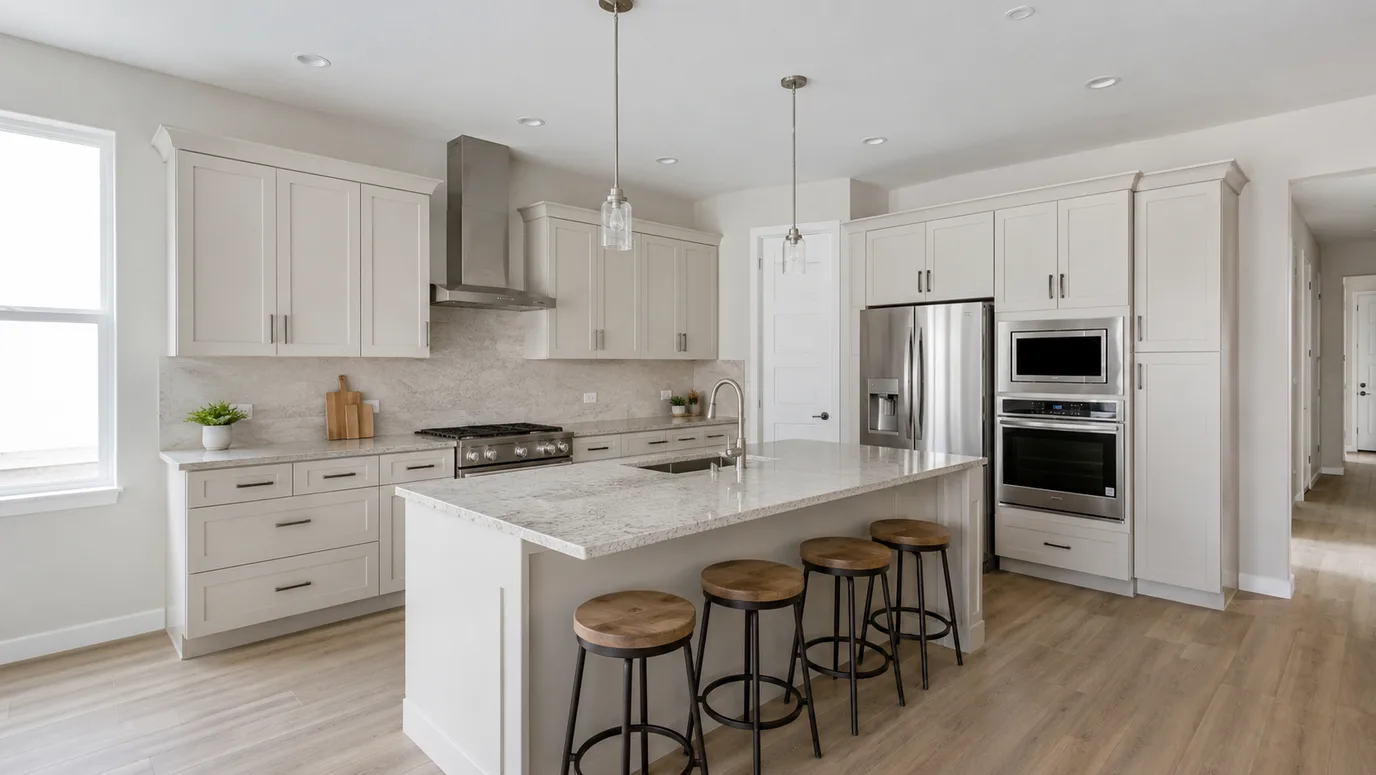 The same kitchen relit for warm dusk — glowing pendants, under-cabinet lighting, twilight sky in the window — before