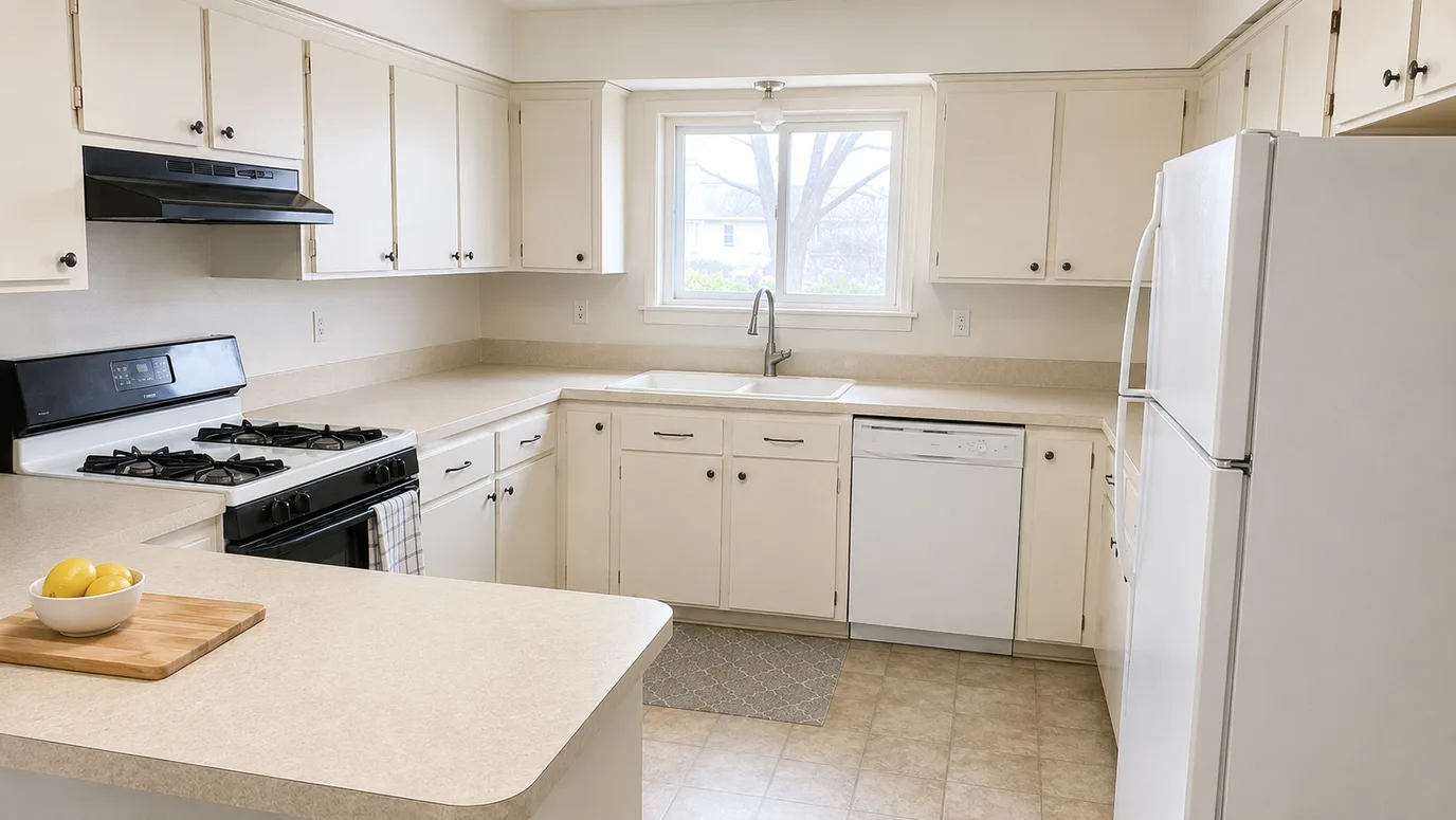 The same kitchen after decluttering — clear worktops, clean fridge door, empty sink, finishes unchanged — after