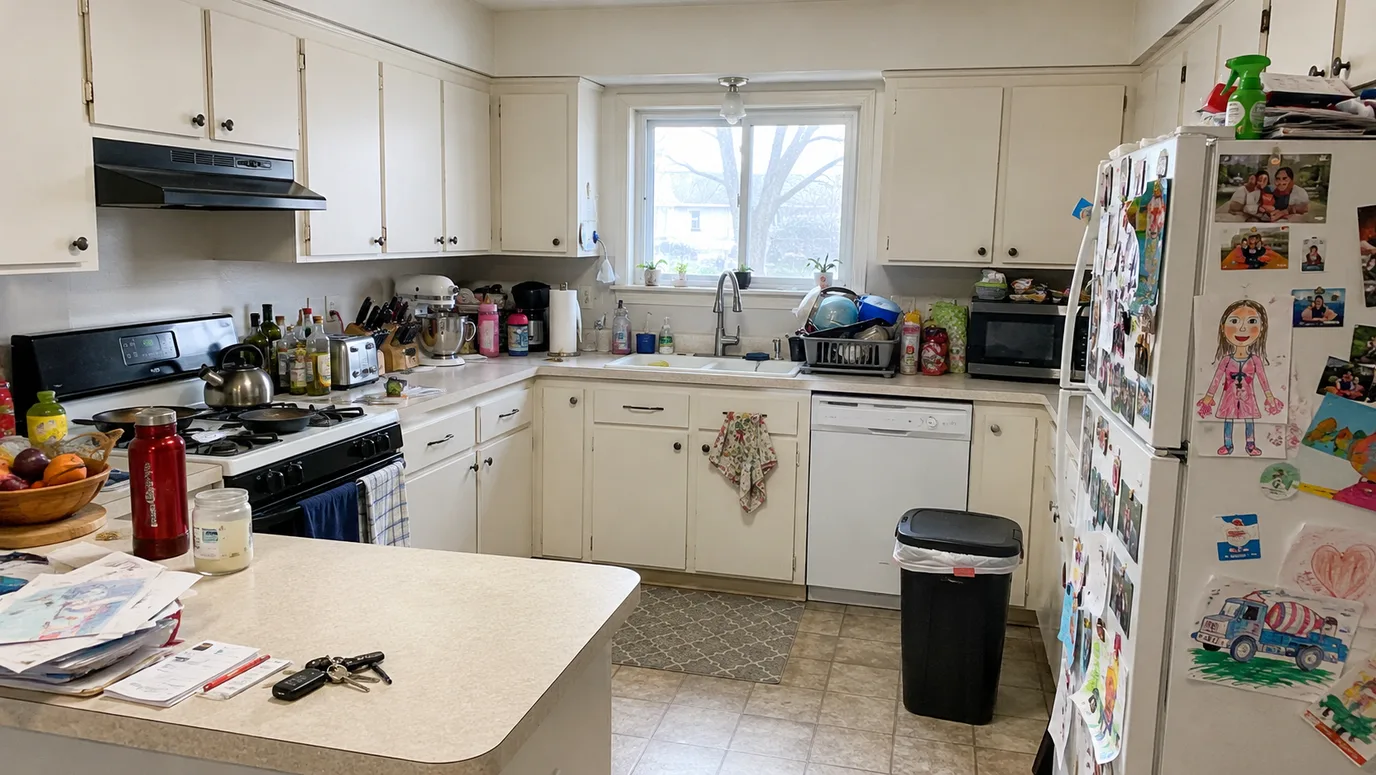 The same kitchen after decluttering — clear worktops, clean fridge door, empty sink, finishes unchanged — before
