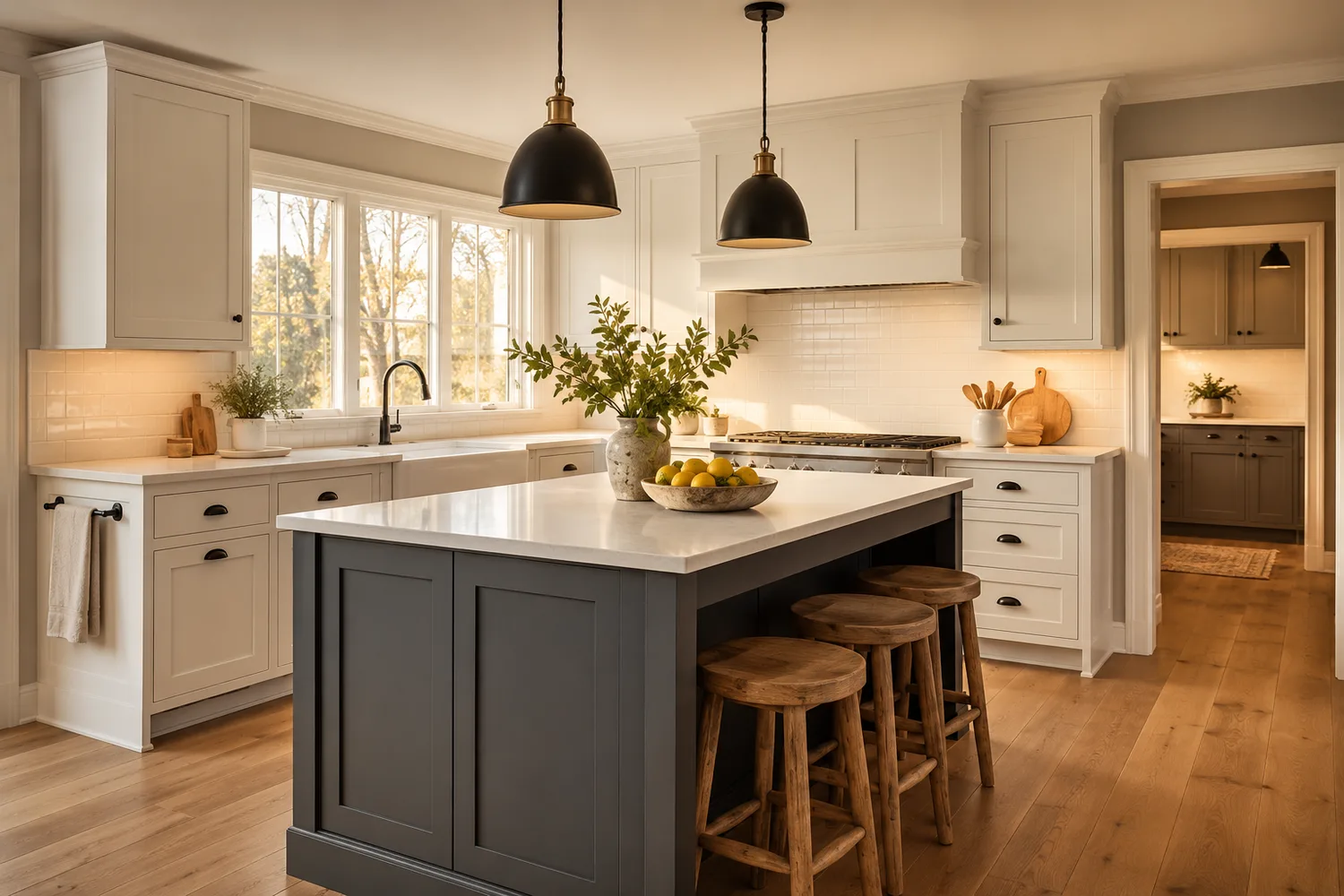 Restyled suburban family kitchen in Modern Farmhouse style with a charcoal island and black pendants