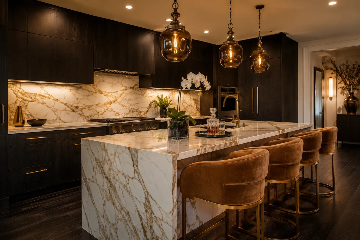 Restyled luxury kitchen with ebony cabinetry, a Calacatta gold marble waterfall island and brass pendants