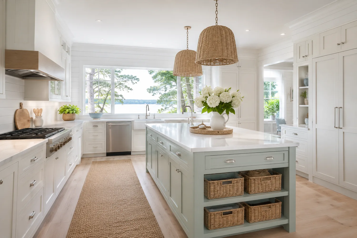 Restyled coastal kitchen with whitewashed fronts, a seafoam island and woven rattan pendants