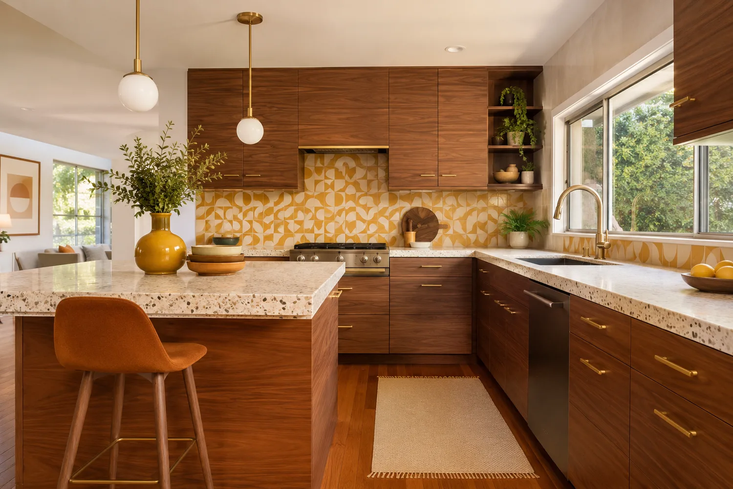 Restyled mid-century kitchen with walnut fronts, a mustard geometric backsplash and brass globe pendants