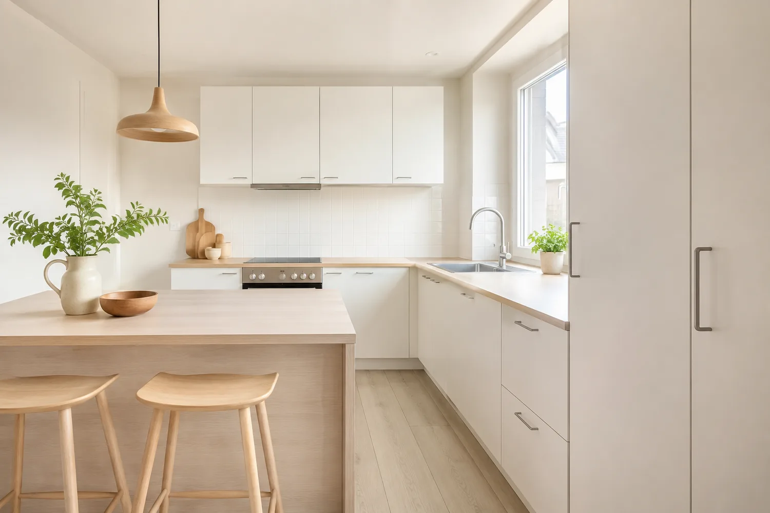 Restyled compact apartment kitchen in Scandinavian style — white fronts, pale ash island, birch counters