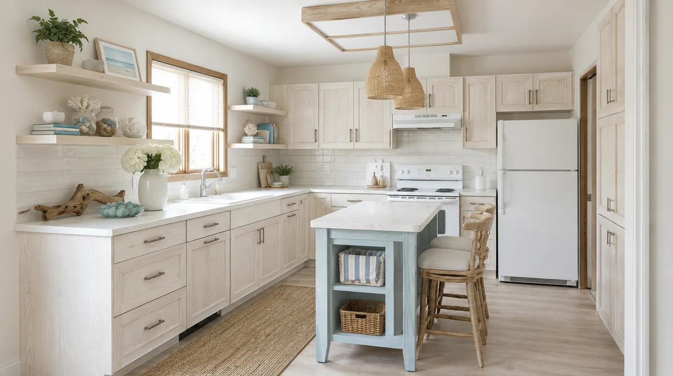 Kitchen restyled in Coastal — whitewashed fronts, seafoam island, rattan pendants, bleached oak floors